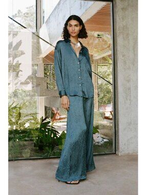 Zara Dark Teal Crinkled Look Satin Wide-Leg Pants